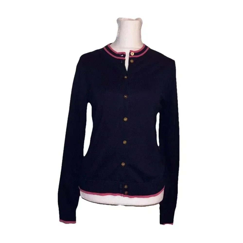 J Crew Outlet Navy With Pink Trim 100% Cardigan Sweater Lightweight Long Sleeve